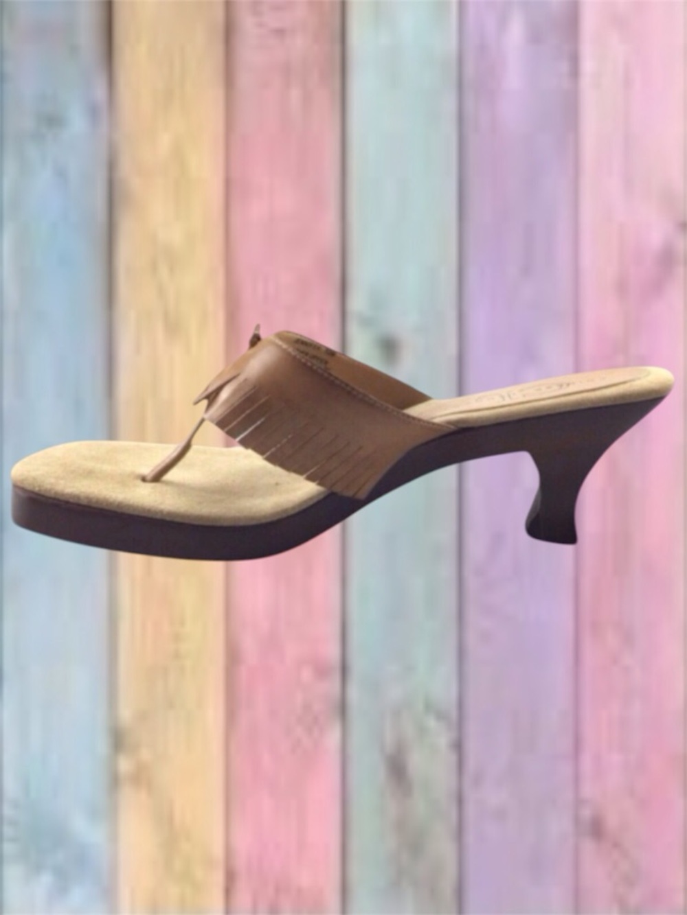 Chinese Laundry Tan Camel Brown Wood Heel Slip On Fringe Sandals New